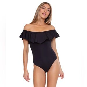 Topshop Off-the-Shoulder Ruffle One-Piece Swimsuit | Black